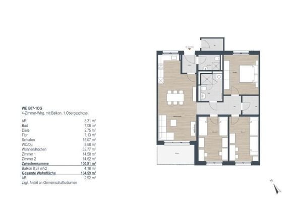 Grundriss 1.OG, 4 Zimmer, 104,99 m²