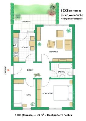 3 ZKBT-Hochparterre-Wohnung - 60 m² Wfl.