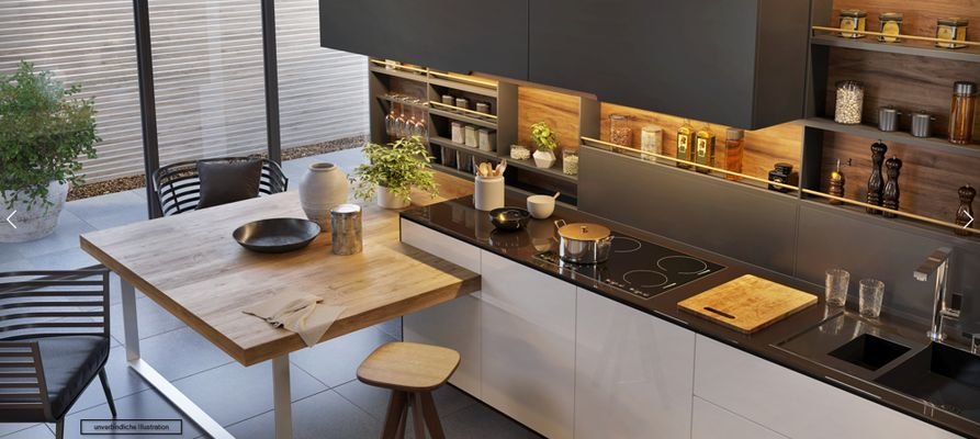 Küche schwarz weiß Holztisch Draufsicht unverbindliche Illustration