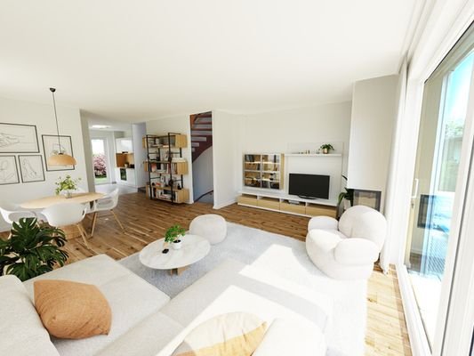 Wohnzimmer Richtung Küche (virtuell möbliert)